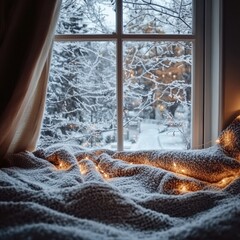 Wall Mural - Cozy winter morning with snow covered window and warm blanket by the bedside. Generative AI