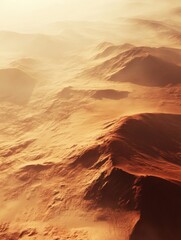 Aufkleber - View of rugged Martian landscape showcasing hills and valleys during sunset with soft light filtering through the atmosphere. Generative AI