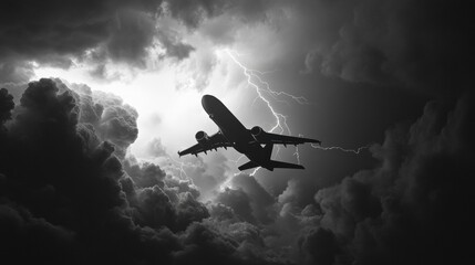 Poster - dramatic view of an airplane flying amidst dark storm clouds and lightning striking. generative ai
