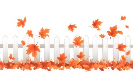 Wall Mural - White picket fence with autumn leaves.