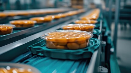 Poster - A close-up of packaged food products moving on a conveyor belt in a food production facility.