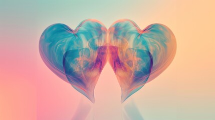 Aufkleber - Vibrant digital art of two abstract heart shapes intertwined with colorful swirls and light effects on a pastel gradient background, evoking warmth and connection. AI generated.