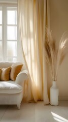 Wall Mural - Sunlight streams through sheer curtains illuminating a living room with a cream sofa, mustard pillows, and pampas grass in a white vase.