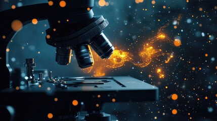Poster - A futuristic nanomaterial production lab with glowing particles under a microscope.