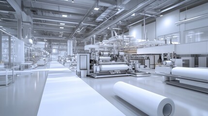Poster - A futuristic paper production plant with machines cutting and packaging paper rolls.