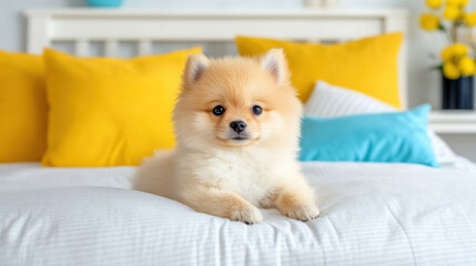 Poster - Cutie Pie, Pomeranian puppy with a fluffy coat, showcasing high fidelity detail and vibrant colors in a stock image format.