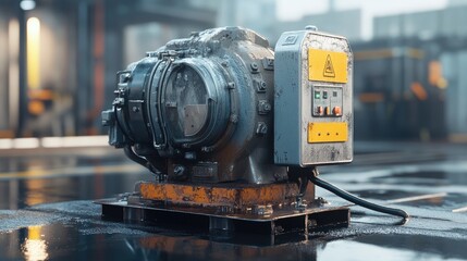 Poster - A gas-powered high-pressure water pump with a powerful motor and protective steel casing.
