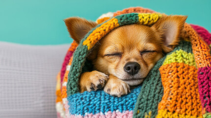 Poster - Cutie Pie, A tiny Chihuahua puppy wrapped in a cozy blanket, showcasing warmth and cuteness in high fidelity.