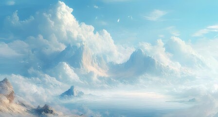 Wall Mural - Serene landscape of majestic mountains peeking through fluffy clouds under a bright sky.