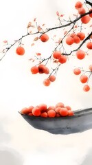 Wall Mural - Ripe persimmons on a branch and in a bowl.