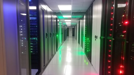 Poster - A large server room with blinking network connection lights.