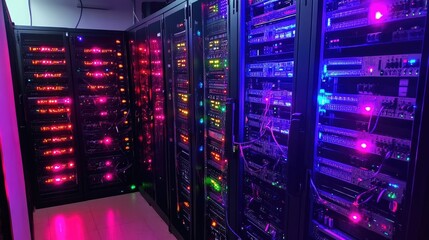 Poster - A large server room with blinking network connection lights.