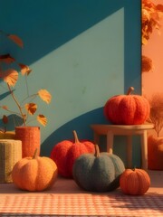 Wall Mural - Autumnal still life with pumpkins, leaves, and textured surfaces.