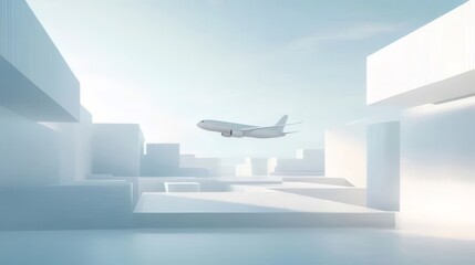 Wall Mural - Airplane flying over minimalist white city.