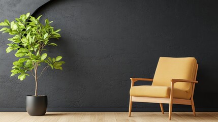 Poster - A modern chair with a potted plant in a bright and airy indoor room setting