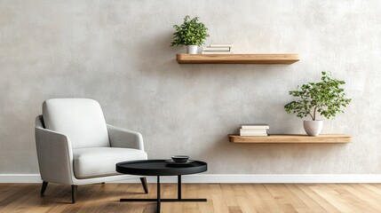 Poster - Interior of a modern room featuring a chair and a table with natural light streaming through the window