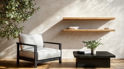 Poster - Wooden chair and round table in a cozy room with natural light coming through the window