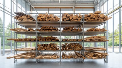 Poster - A set of freshly cut lumber pieces stacked on a construction scaffold.