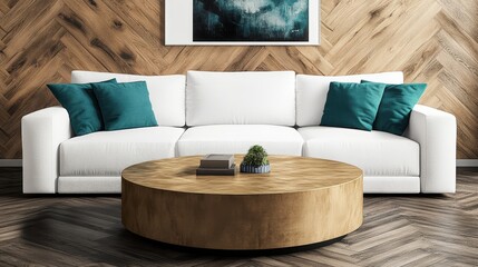 Poster - White couch with a wooden coffee table and decorative photo frame on a stylish living room interior