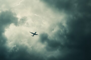 Poster - heavy storm clouds loom over an airplane flying through turbulent skies during late afternoon hours.
