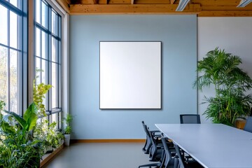 Poster - Meeting room with blank canvas for mock up, surrounded by plants, indoor light