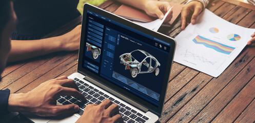 Poster - electric car design software on computer screen showing simulation blueprint snugly by digital calcu