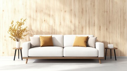 Poster - White couch with yellow pillow and a framed photo on a wooden floor in a cozy living room setting