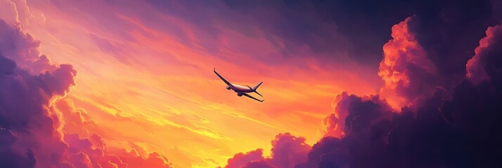 Poster - Majestic airplane flying through vibrant sunset clouds in a colorful sky. Generative AI