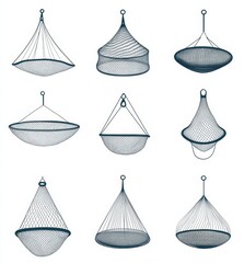 an isometric modern illustration showing a set of black fishing nets in different shapes, suitable f