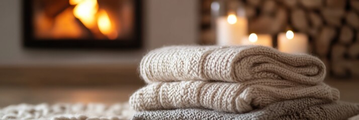 Poster - Cozy blankets stacked neatly near a warm fireplace on a tranquil evening with candlelight ambiance. Generative AI