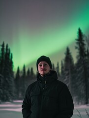 Leinwandbilder - Captivating aurora borealis lights up the night sky above a man in a winter landscape. Generative AI