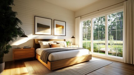 Poster - Cozy bedroom interior featuring a bed large window and natural light illuminating the space