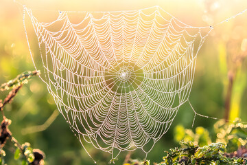Description: A detailed close-up of a shimmering spider web in sunlight, with intricate threads and dew drops.