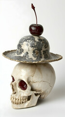 Still life skull wearing hat, topped with cherry; white background; art photography; for book covers or websites