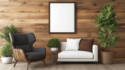 Poster - Cozy living room featuring a comfortable chair and a decorative indoor plant in a bright setting