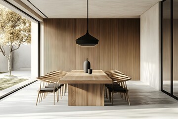 Poster - Modern wooden dining room, patio view, spacious, calm