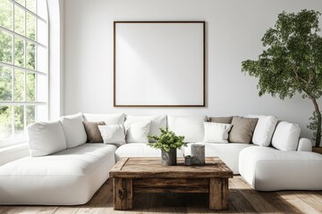 Poster - Modern white couch with decorative pillows in a bright living room setting with natural light