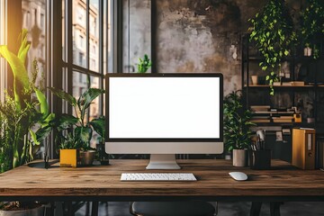 Poster - Modern Workspace with Blank Computer Screen, Plants, and City View