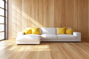 Poster - Bright living room with white sofa, yellow pillows & natural light, home decor use