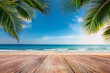 © Jang - Wooden floor or plank on sand with palm coconut, blurred summer beach and sky background. Royalty high-quality free best stock of empty wooden planks for product display, beautiful nature tranquil
