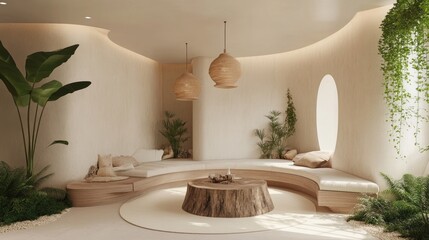 Wall Mural - Serene Minimalist Interior Design:  A Tranquil Haven of Beige and Natural Wood