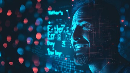 Aufkleber - Close-up of a smiling man surrounded by glowing blue and red futuristic lights and abstract patterns, evoking themes of technology and connection. AI generated.