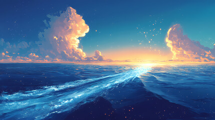 Poster - Serene ocean view with a wake trail leading to the horizon. Sapphire Ocean Depths. Illustration