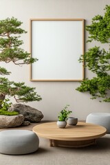 Poster - Picture frame mounted on a wall displaying a photo with a bonsai tree nearby in a home setting