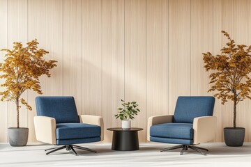 Poster - Two modern chairs placed in a bright room with natural light and a neutral color palette