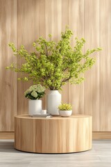 Poster - Vase with green plant on wooden table in bright interior setting