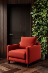 Poster - Red chair positioned in front of a rustic wooden wall with natural light illuminating the scene