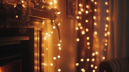 Aufkleber - Cozy living room decorated with warm lights during the holiday season in winter evenings. Generative AI