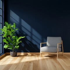 Poster - Home interior with armchair, plant, wood floor, dark blue wall, natural light