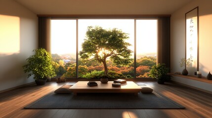Poster - Spacious room with large window showcasing tree and natural light streaming inside